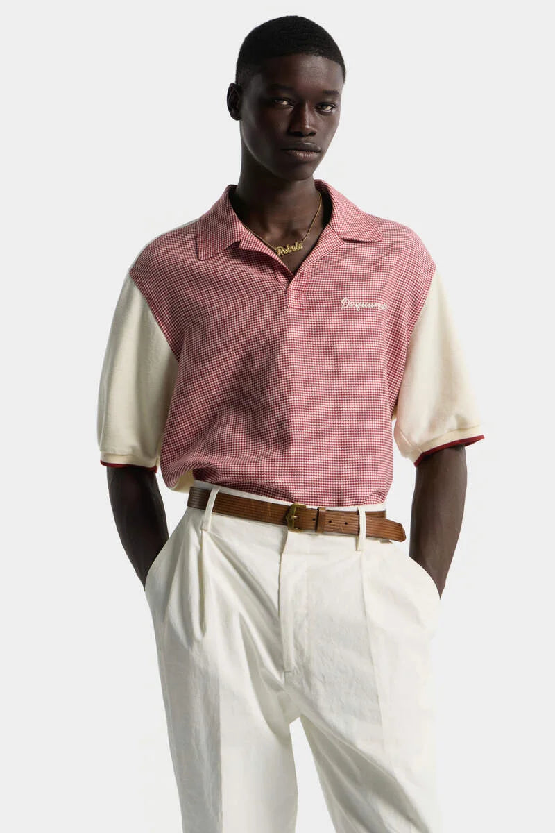 Virgin Wool Linen Pied De Poule Polo